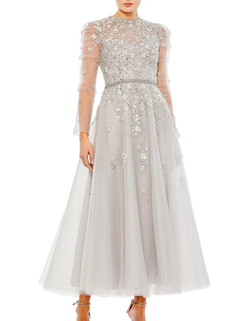 Mac Duggal Silver Embellished Long-Sleeve Tulle Gown